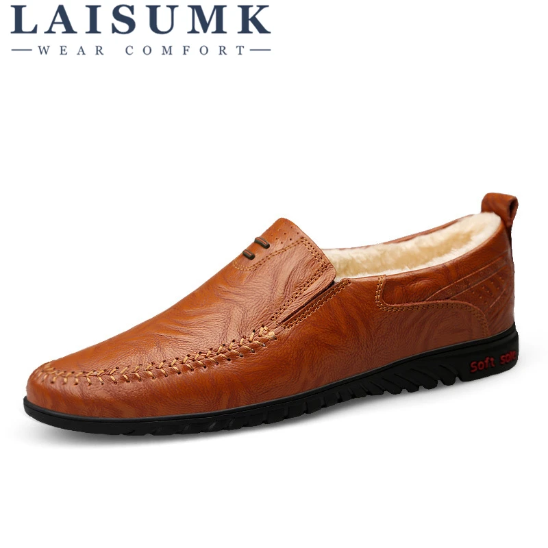 

LAISUMK Hot Soft Moccasins Men Loafers with fur Quality Leather Peas Shoes Men Flats Walk Driving Moccasins Male Casual Shoes