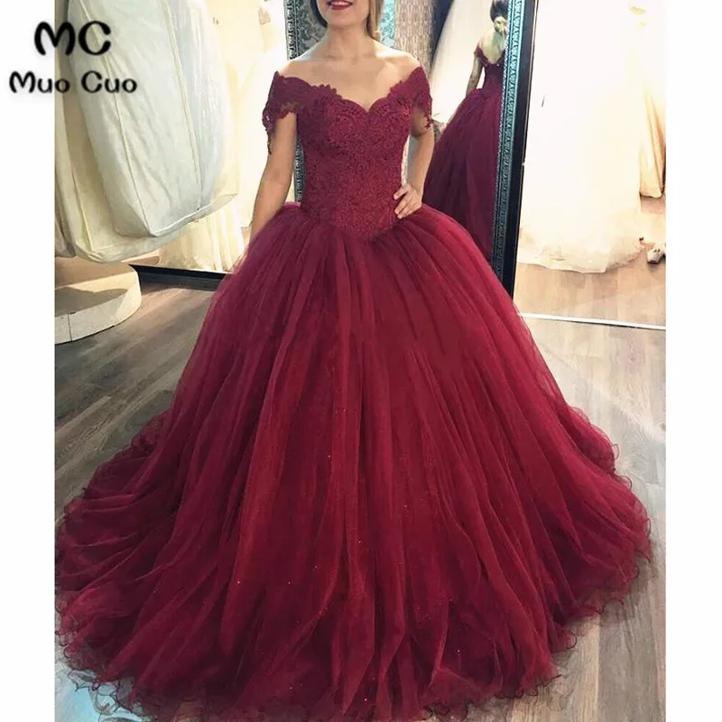 Burgundy Wedding Dresses Ball Gowns Lace Off The Shoulder6