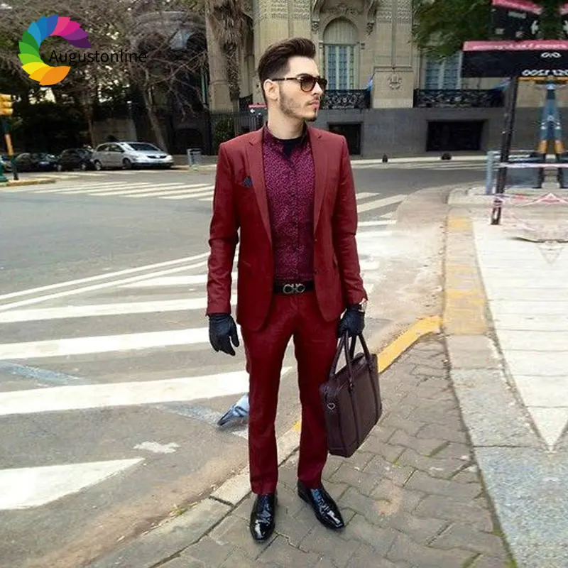 Burgundy Men Suits Wedding Custom Made Groom Tuxedos Casual Prom Wear Slim Fit Best Man Blazers 2 Piece Party Terno Masculino business men suits plaid tailor made 3 pieces tuxedo party blazers coat wedding groom groomsman formal prom