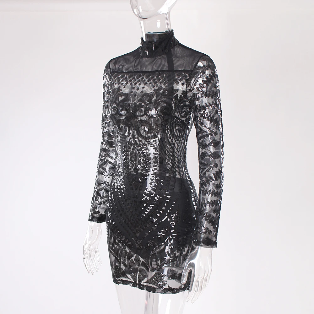 Сексуальное черное мини-платье с блестками, с длинными рукавами, перспективное облегающее платье с блестками для ночного клуба, Осенние вечерние платья со стоячим воротником