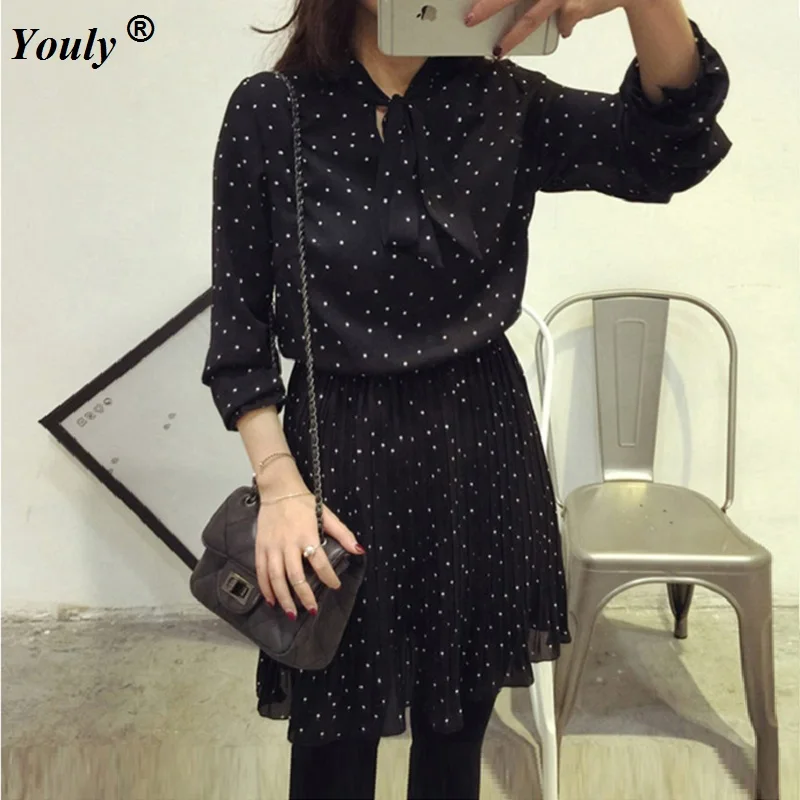 

Ruffle cold shoulder polkadot print dress 2019 autumn Vintage irregular bow wrap short dress Women chic chiffon black mini dress