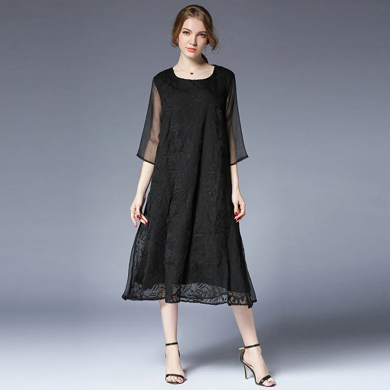 

YZ Large size women's dress 2019 summer dress new loose in plus size chiffon dress embroidery famale silk dress