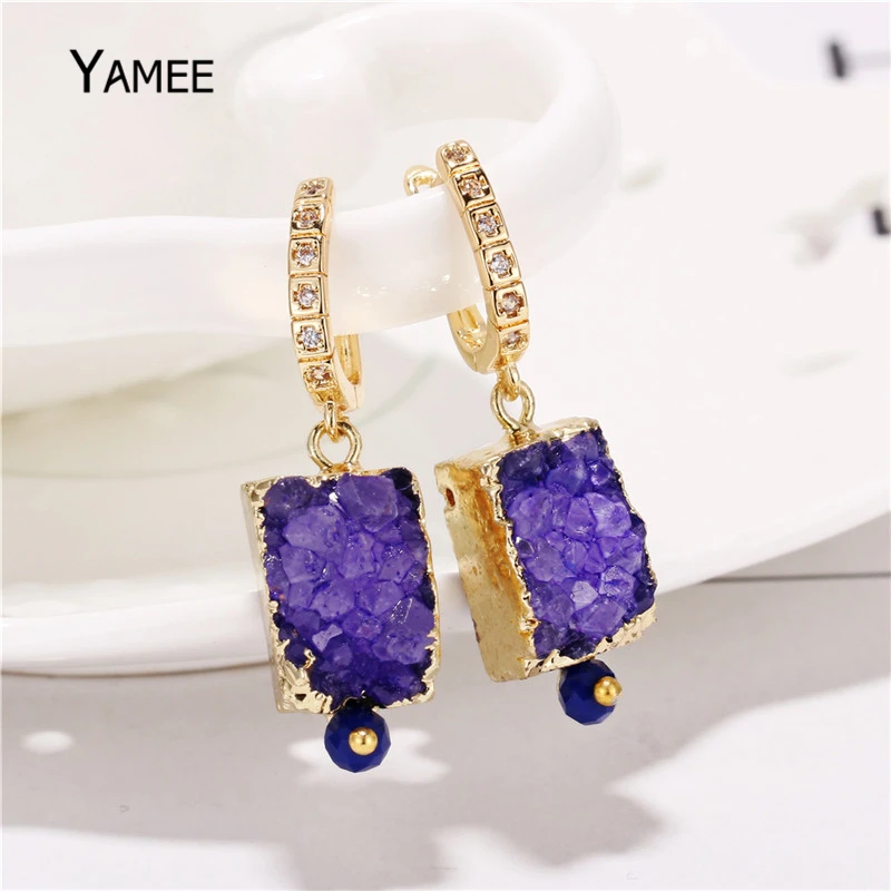 Rectangle Purple Natural Stone Long Earring Druzy Crystal Stud Clip On