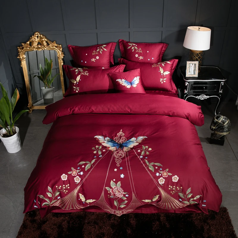 Classic Red Embroidered Butterfly 60S Long Staple Cotton Bedding Set