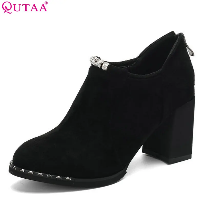 

QUTAA 2018 Women Pumps Flock Zipper Women Shoes Square High Heel Round Toe Platform Casual Westrn Style Women Pumps Size 34-43