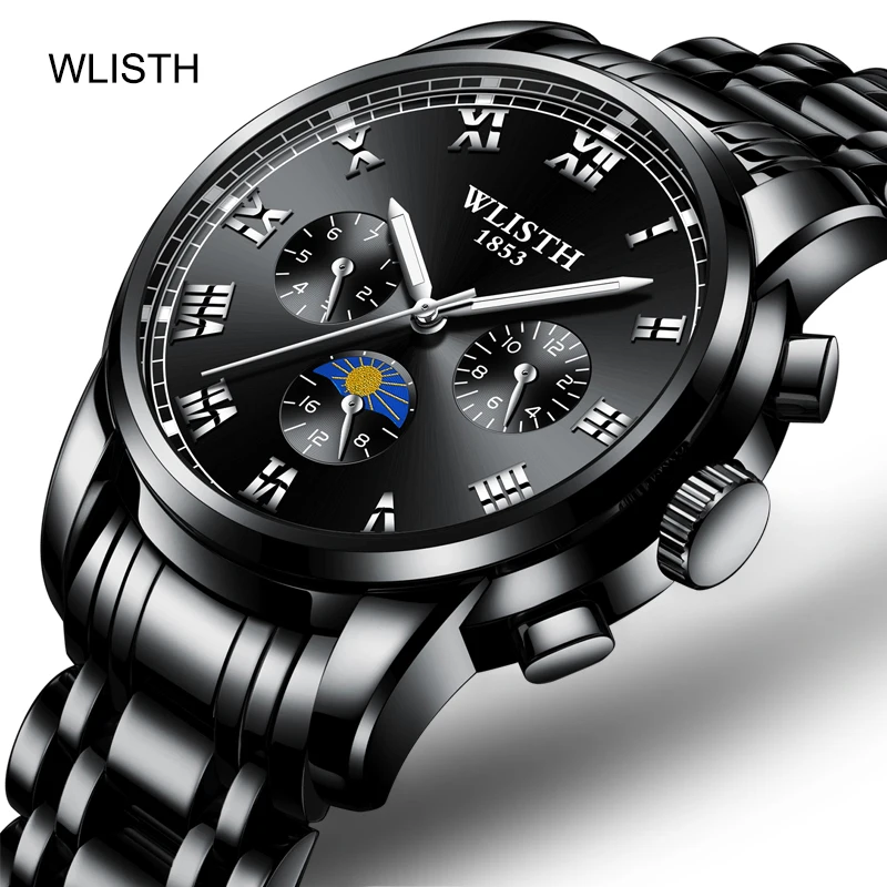 

WLISTH stainless steel belt strap 30 meters waterproof fashion business luminous Scratch resistant glass quartz man wrist watch