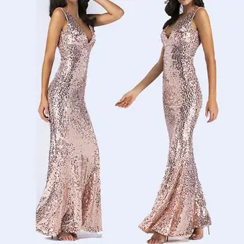

Women Elegant Party Dress Sexy Women Sequin Long Dresses Floor length Backless Maxi Vestido V-Neck Fashion Dresses For Ladies