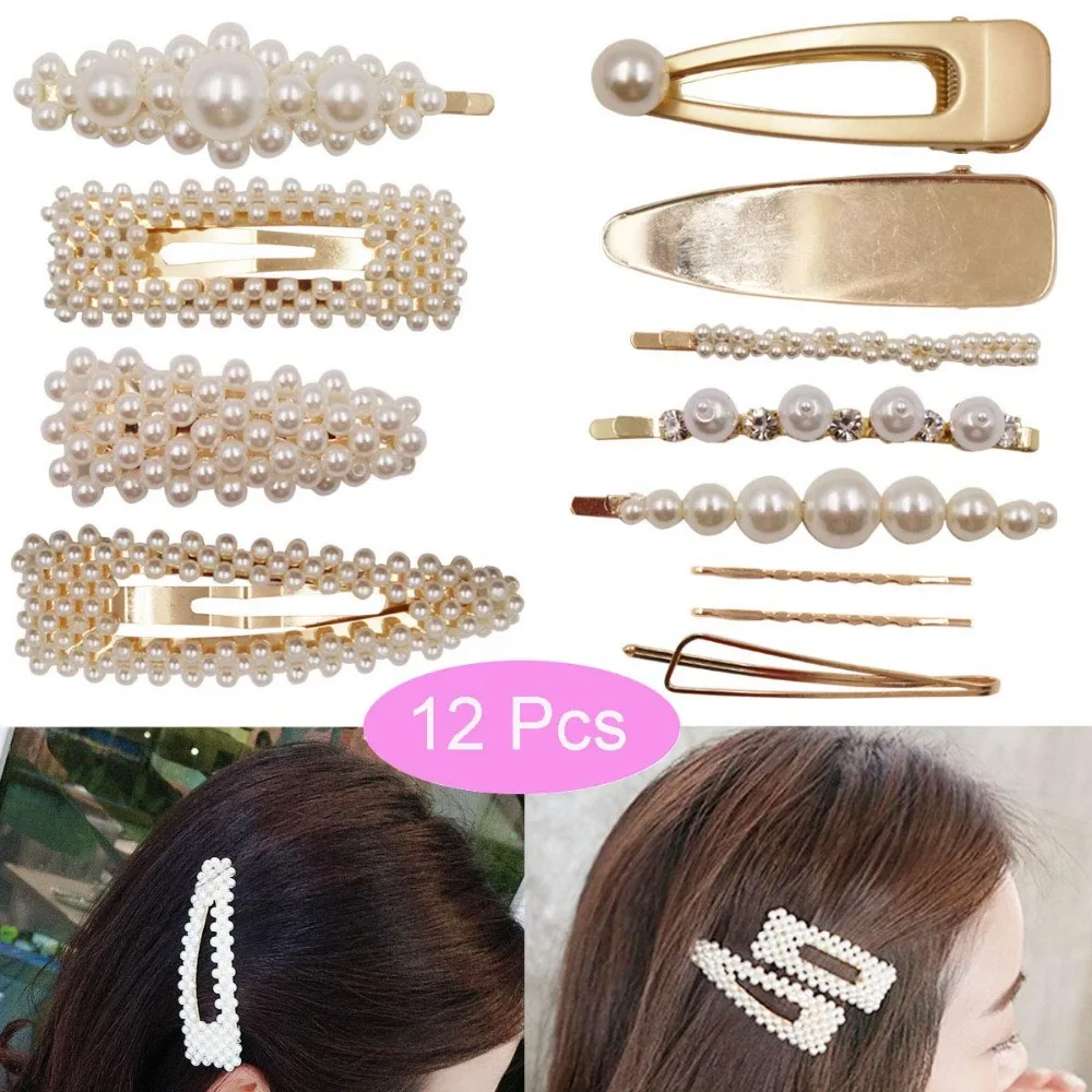 

12Pcs Faux Pearls Hair Barrettes Clips Glitter Hairpins Pearl Wrapped Geometric Bobby Pin Styling Jewelry Wedding Ornaments