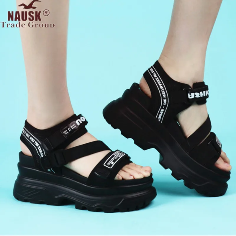 

NAUSK Sandals Platform Black Sandal Shoes Nylon Buckle Lettery Beach Wedge High Chunky Heel Sandals Ladies Walking Shoes 2905w