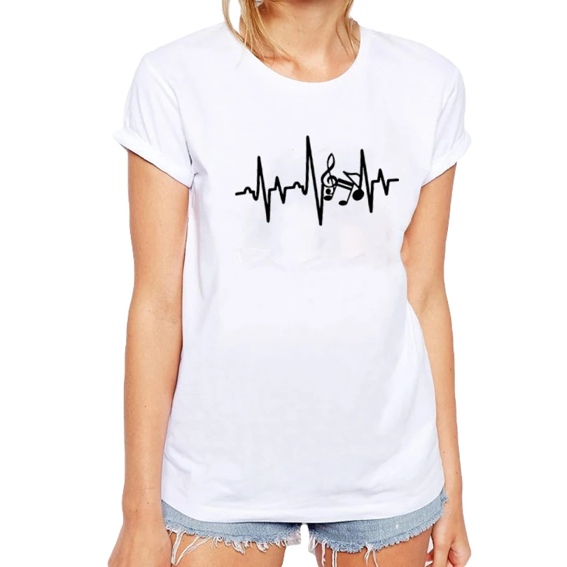 مضحك الضرب الموسيقى ملاحظات الجرافيك المحملة قميص 2018 ميو أزياء المرأة أسود أبيض ضربات القلب الطباعة تي شيرت محب الصيف قمم