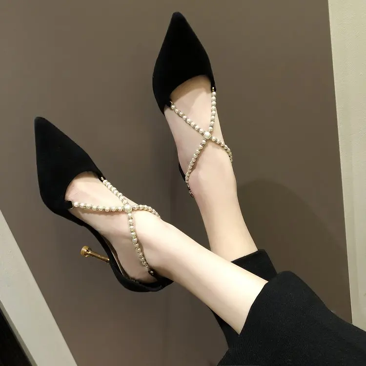 

EOEODOIT 2019 New Spring Pumps Stiletto Heel Party OL Office High Heel Shoes Sexy Pointed Toe Elegance Pearl All Match Sandals