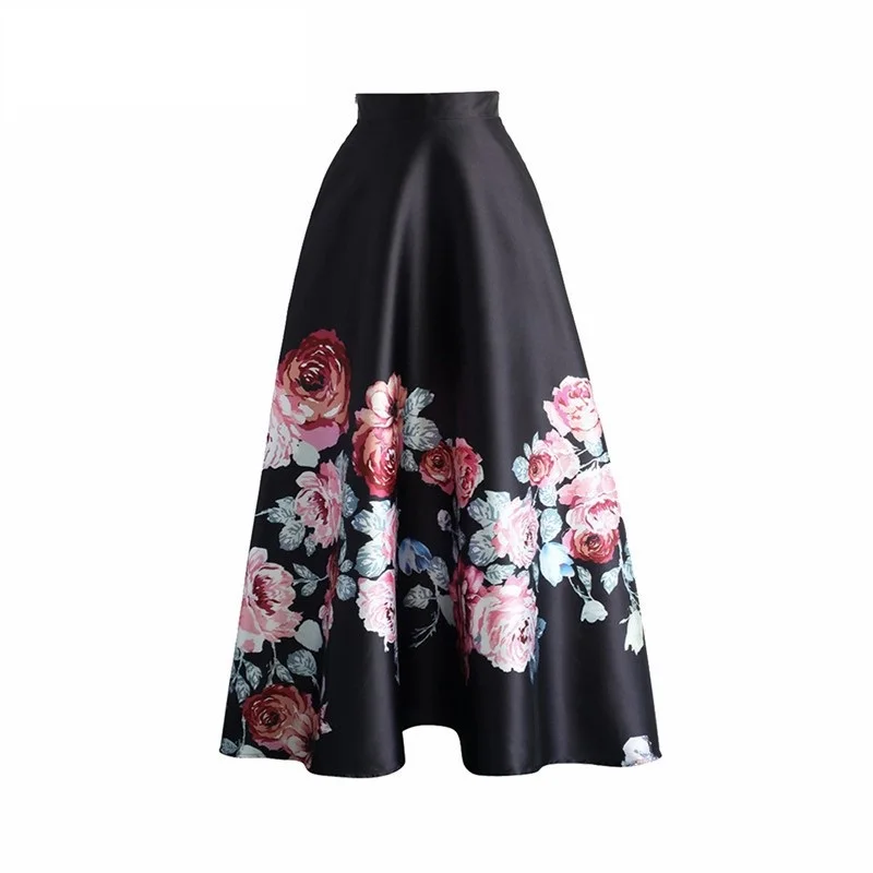 High Waisted Women Pleated Skirts Blossoming Black Floral Printed Ankle ...