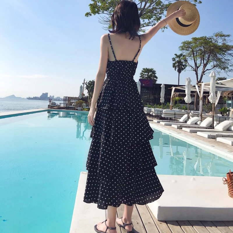 Summer Women Black Sundress Long Polka Dot Tropical Sexy Lady Vacation Backless Casual Ruffles Midi Beach Sea Dress New Arrival