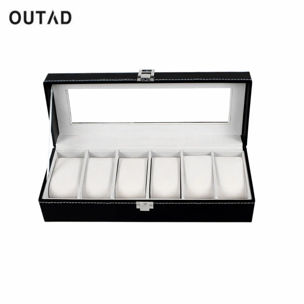 Baratos 6 rejillas caja de reloj negro PU cuero refinamiento ranuras relojes de pulsera organizador contenedor joyas caja de exhibición soporte de almacenamiento 2019