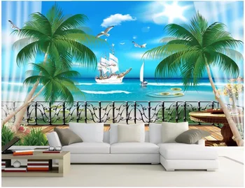 

Custom mural 3d photo wallpaper Seaside coconut sailboat seagull painting 3d wall murals wallpaper for living room walls 3 d
