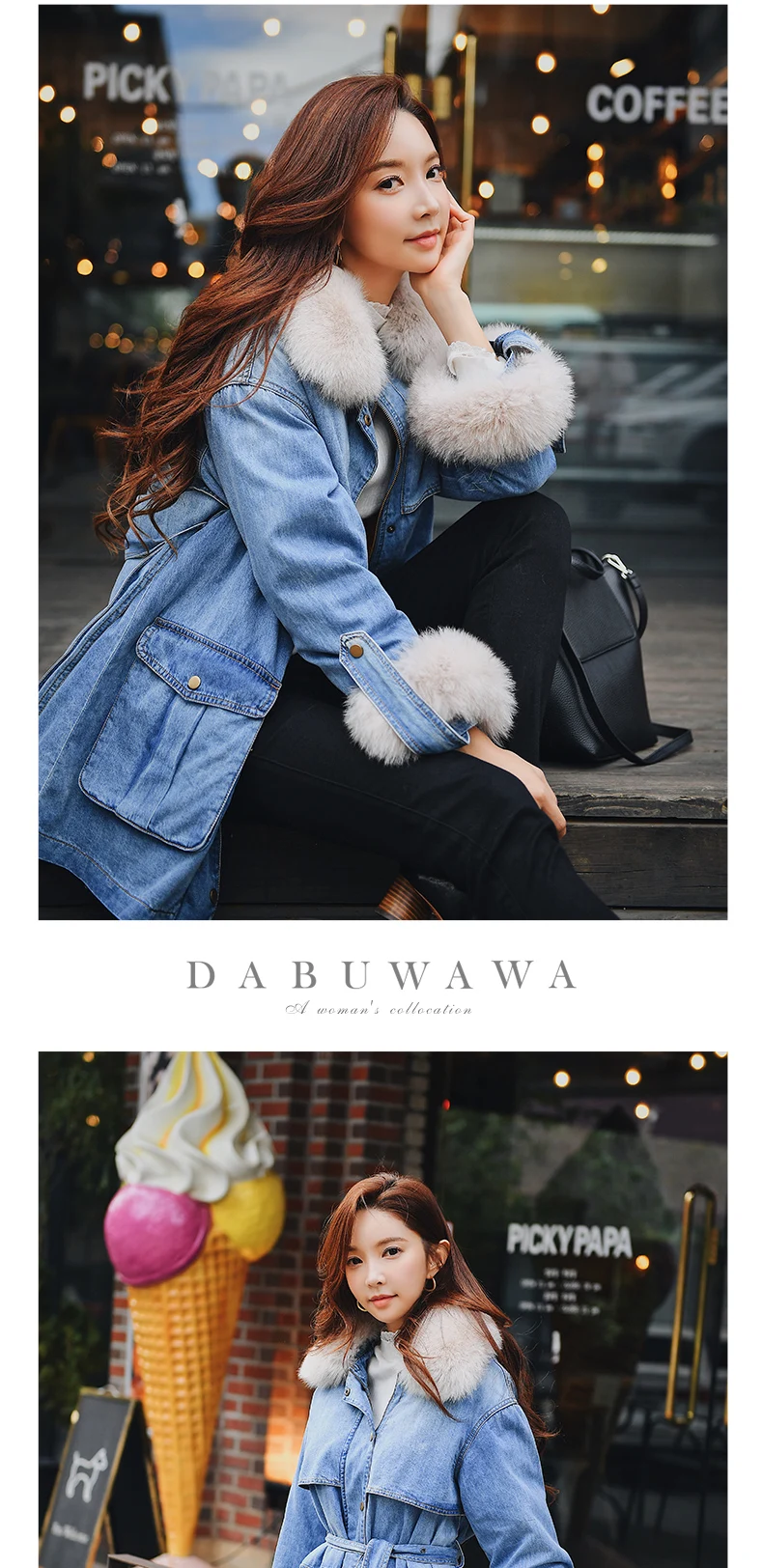 Dabuwawa, зимний джинсовый пуховик с меховым воротником для женщин, девушек, леди, новая мода, крутой Теплый Тонкий джинсовый пуховик с галстуком,# D18DDW057