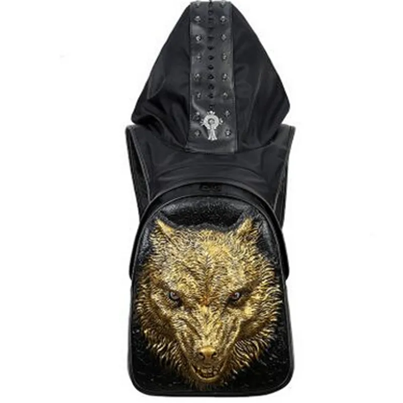 

Hot Sale Punk Retro Rock Designer Men Hooded Backpack Personality Fashion Black Gold Silver Men Casual Animal Printing Backpack