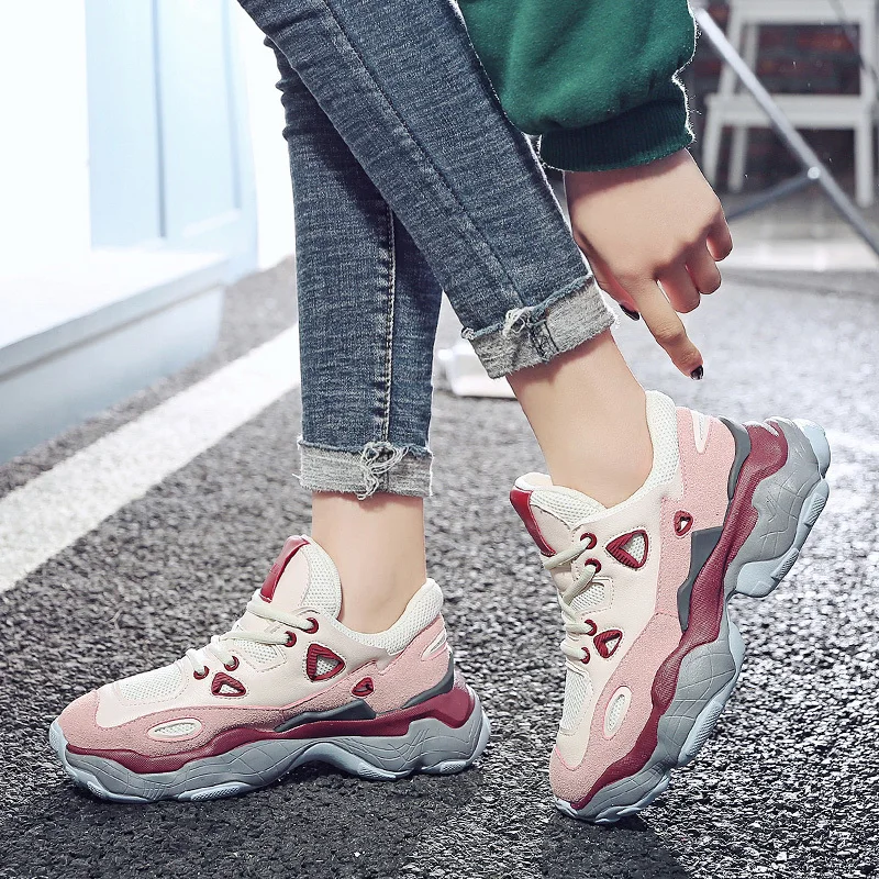 

High Quality Genuine Leather Sneakers Women 2019 Spring New Chunky Sneakers Harajuku Casual Platform Dad Shoes Braised Shoes