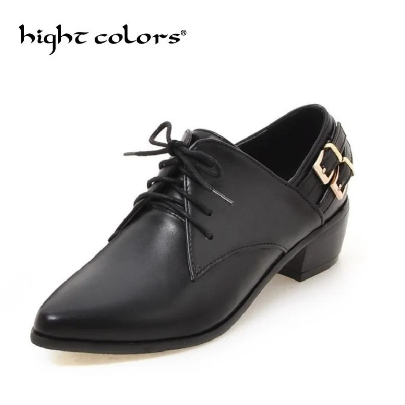 

2019 PU Women Oxford Med Heels Shoes Classics Spring and Autumn Pointed Toe Square Heels Lace Up Women Oxfords Shoes Size 34-43