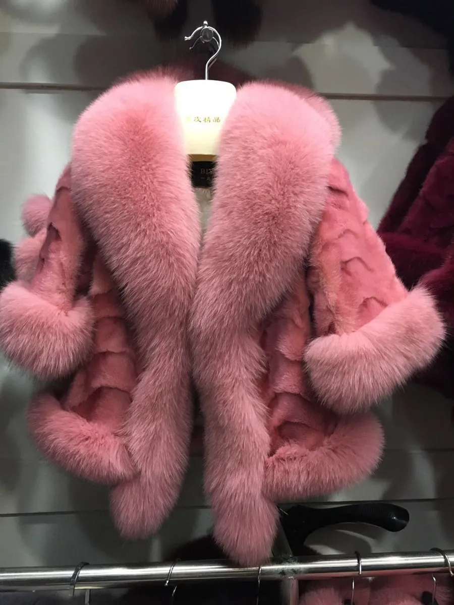 Натуральный из норки пальто с мехом с меховым воротником Роскошные Брендовые женские шали и накидки с рукавом Большой меха лисы отделкой жилеты - Цвет: pink
