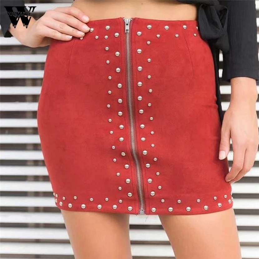 High Waist Female Fashion Zipper Women Mini Skirt Causal Bead Leather