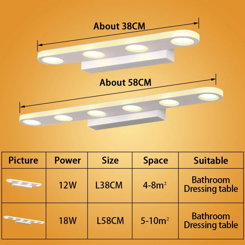 Современные светодио дный Лампа переднего зеркала 12 Вт 18 Вт 38 см 58 см декор Освещение Водонепроницаемый Ванная комната лампа Спальня фойе исследование бра