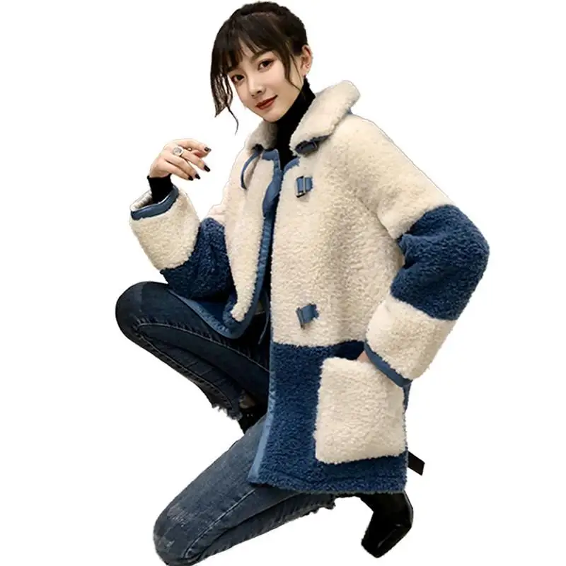 

Women 2019 Spring Autumn Fashion Faux Lambswool Jacket Coat Female Stitching Color Suede Liner Outwear Ladies Wild Overcoat V904