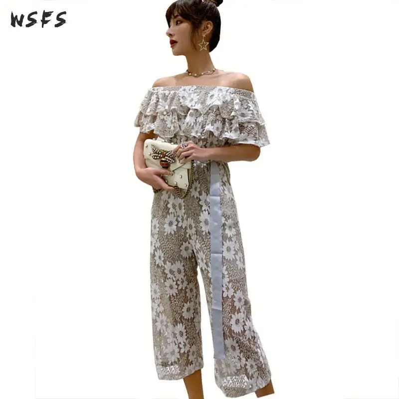 

Summer Khaki Floral Jumpsuit Off Shoulder Slash Neck Ruffles Pants See Through Elegant Trousers Ladies Sexy Women Lace Jumpsuits