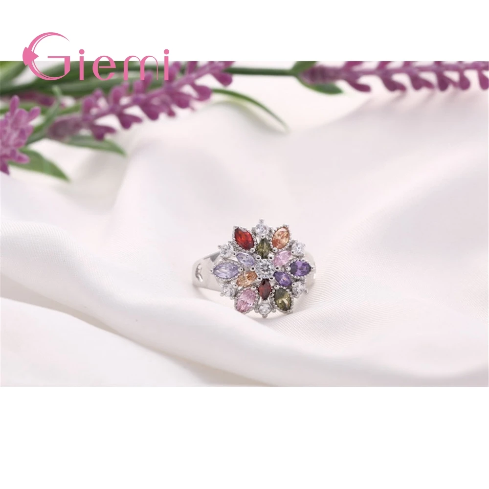 Sparkling 100% Solid 925 Sterling Silver Band Rings Colorful Flower AAA Cubic Zircon Stone Jewelry for Women Wedding Engagement