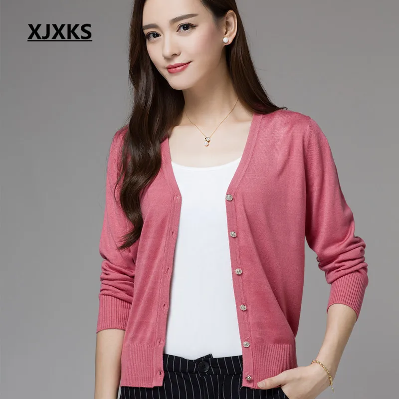 

XJXKS Women Spring and Autumn Solid Color Single Breasted Basic Cardigans Tops V-Neck Knitted Fall Sweaters 304