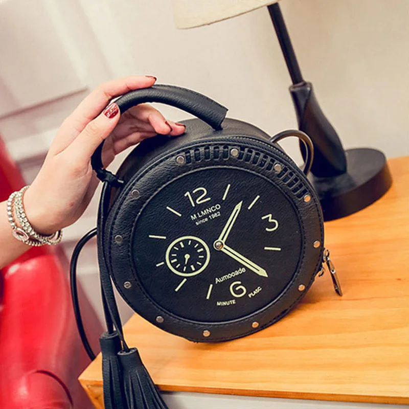 New Women Tassel Clock Shoulder Bag INS Popular Fashion Female Circle Handbag Mini Travel Lady Rivet PU Handle Crossbody SS3483 (11)