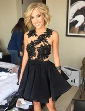 Schwarz Appliques Spitze Homecoming Kleid Sexy Durchsichtig Short Prom Party Kleider 2016 Schöne Sleeveless A-linie Kurze Sommerkleid