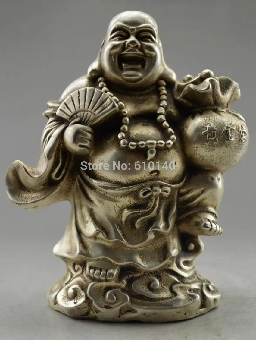 

Collectible Decorated Old Handwork Tibet Silver Carved Smile Buddha Statue