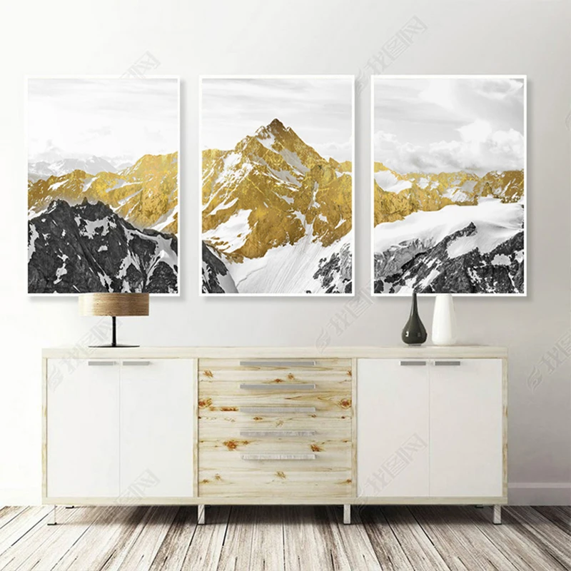 3PCS Golden Snow Mountain Golden Mountain Abstract Wall Art Print