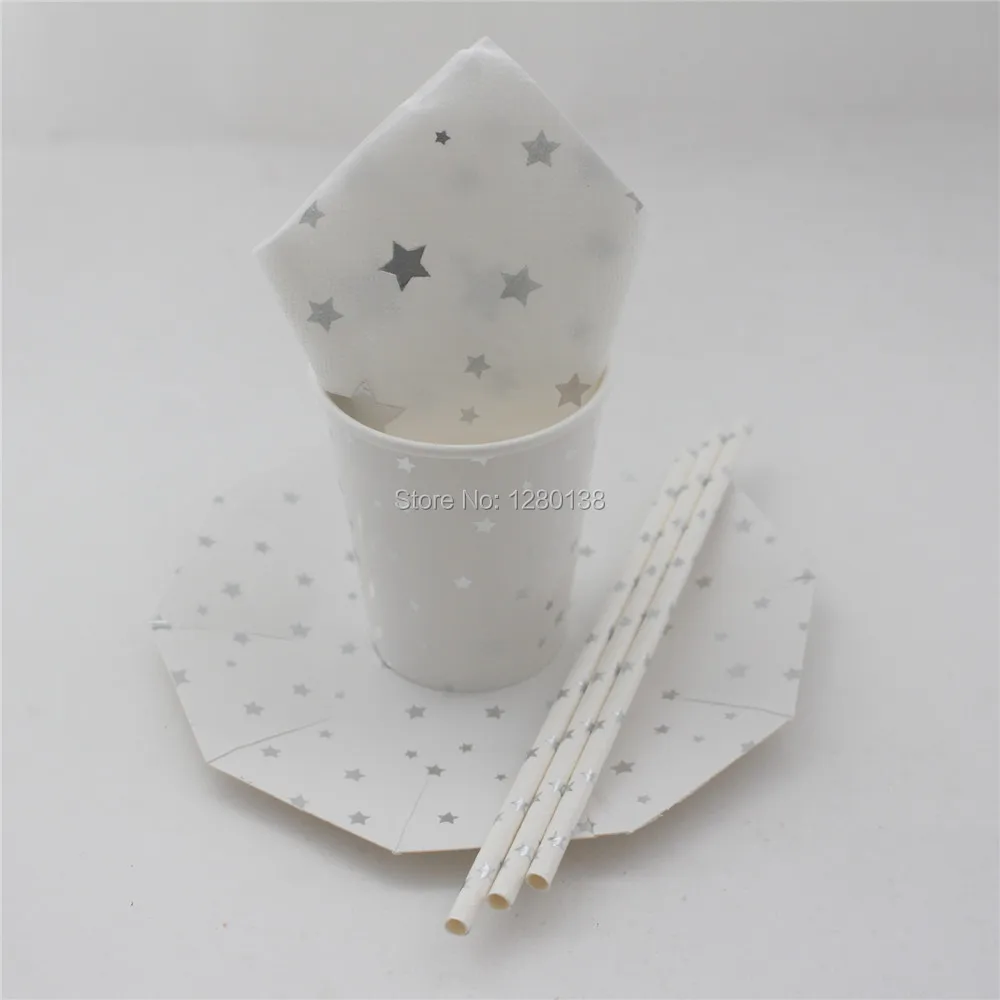 32set Silver Gold Star Foil Wedding Paper Plates Tail Straws 32set Silver Gold Star Foil Wedding Paper Plates Tail Straws Baby Shower Party Favor Napkins Cups Disposable Tableware In