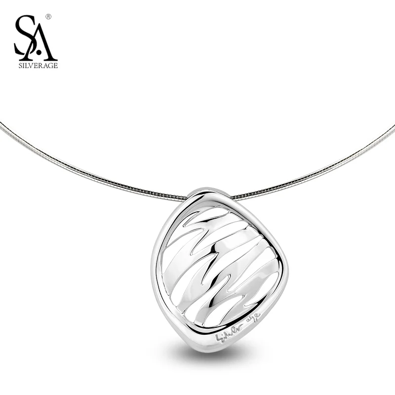 

SA SILVERAGE Real 925 Sterling Silver Choker Necklace Christmas Gifts Silver Women Jewelry Geometry Pendant Necklace Woman