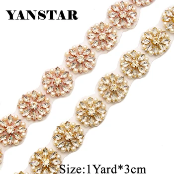 

YANSTAR Wholesale Bridal Sash Rhinestones Appliques Trim By The 30 Yard *3cm For Wedding Dress Belts Rose Gold Crystal YS900