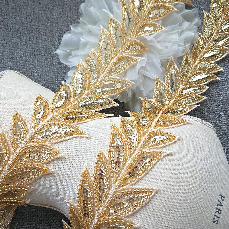 

gold sequins rhinestone tassels Wedding dress accessories Beaded Lace Trim fabric applique patches sew on trim for clothing