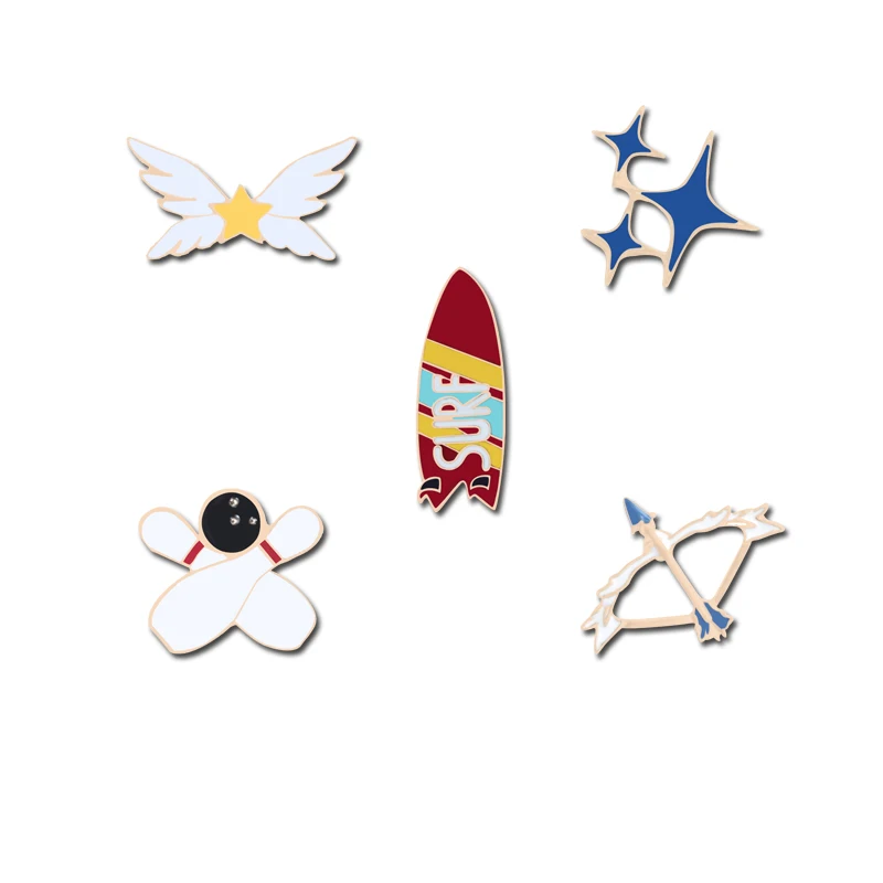 

Game Sports Brooches Enamel Buckle Star Bowling Bottle Surfboard Drifting Bow Arrow Angel Accessories Jewelry For Kids Lapel Pin