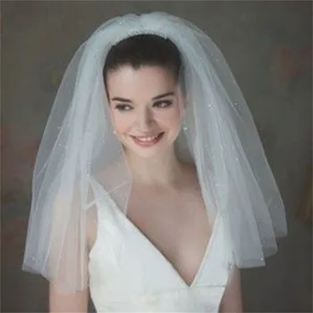 

Bridal veils Wedding Veils Short White Ivory Tulle Beads Beading Starry Veils velos de novia voiles Mariage brillante 2 layers