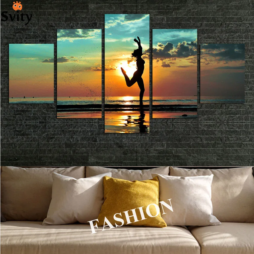 

5 Panel Modern Printed Seascape Girl Painting Picture Cuadros Canvas Art Seascape Painting For Living Room with Frame F1605