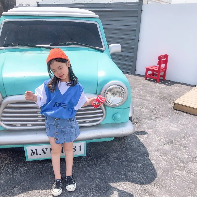 

2019 Summer New Arrival korean style cotton fashion fake sets letters printed all-match T-shirt for cute sweet baby girls boys