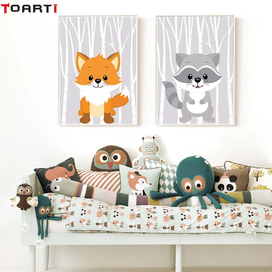 Woodland Fox Squirrel Art Poster Canvas Painting For Kids Bedroom Modern Wall Picture Home Decor Christmas Cartoon Animals Print (2)