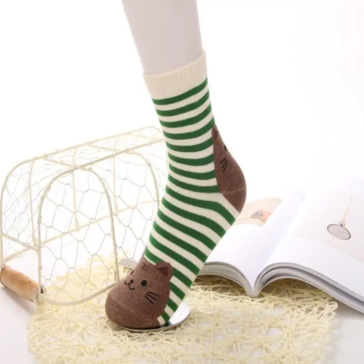 Moonbiffy дизайн милые носки с котами из мультфильма полосатый узор женские хлопковые носки зима Aug10 Прямая Womail - Цвет: Зеленый