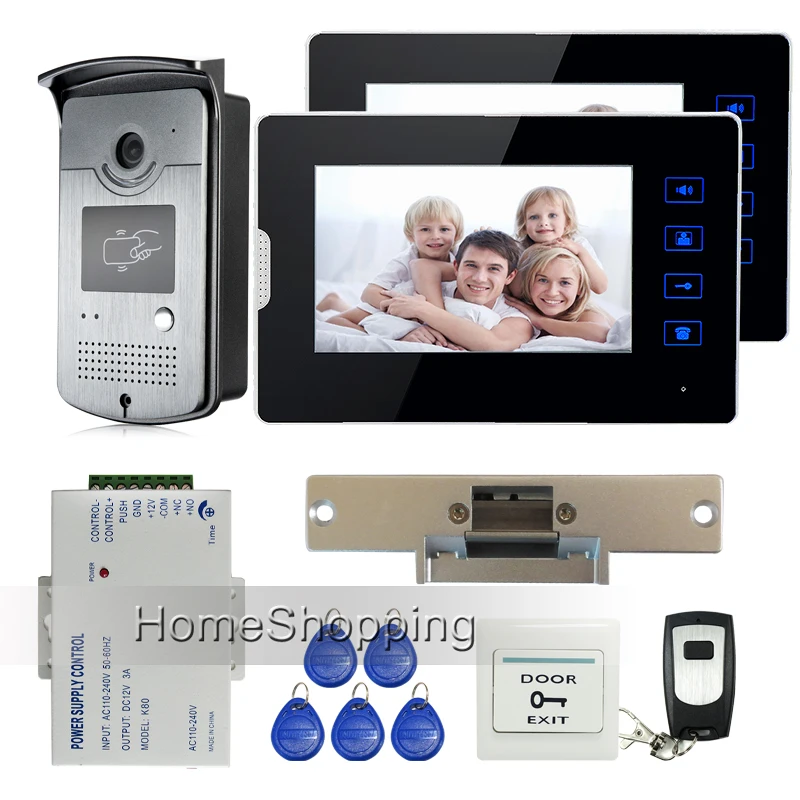 

New 7" Touch Screen Video Door Phone Intercom + 2 Monitors + 1 RFID Access Door Camera + Electronic Strike Lock FREE SHIPPING