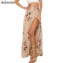 Aelorxin длинная юбка Винтаж цветочный принт Женская юбка из тюля летние, пляжные, в богемном стиле с высокой талией асимметричные платья-Макси юбки