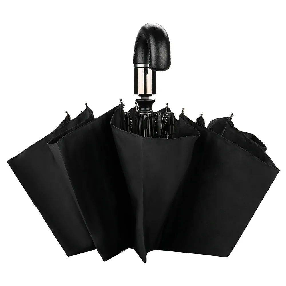 Imitation Wood Handle Wind Resistant Black Three Folding Rain Umbrella Bone umbrella Automatic umbrella