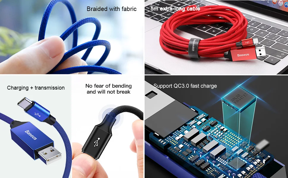 Кабель Baseus длиной 5 м usb type-C для быстрой зарядки samsung S10 USB-C кабель type-C для huawei Xiaomi Mi 9 Oneplus 6t USBC зарядное устройство