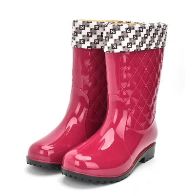 Rouroliu/женские Нескользящие непромокаемые сапоги из ПВХ, непромокаемая обувь, женские резиновые сапоги до середины икры, зимние теплые сапоги с вставками, RT171 - Цвет: Wine Red Warm 2