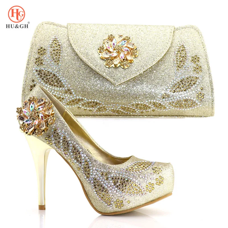 

New Gold Wedding Shoe and Bag Set Women Shoes and Bag Set In Italy Design Italian Shoes with Matching Bag Set Summer Dress Shoes
